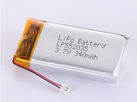 낮은 온도 리-폴리머 배터리 LP552035 3.7V 340MAH 은 엽과 투명한 PVC 보증 12 개월 1 년